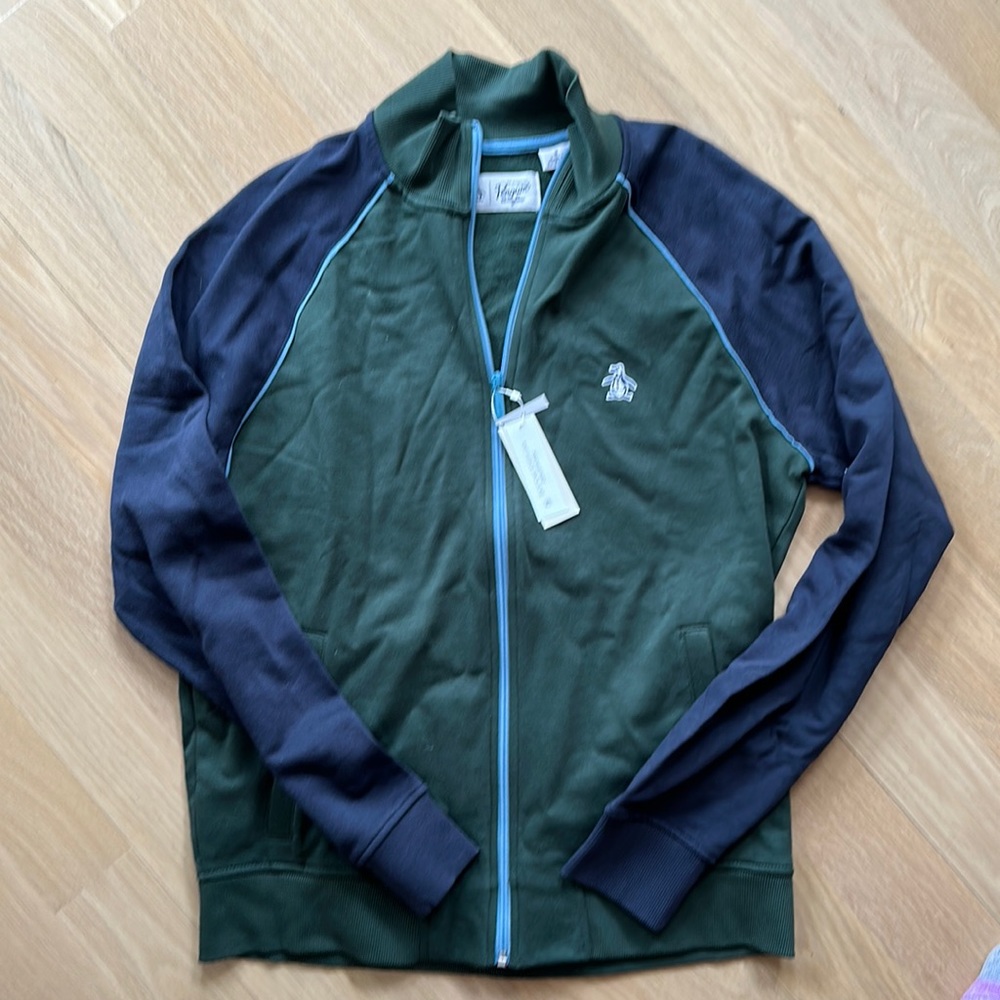 NWOT Men's Original Penguin Green and Navy Track Jacket Sweatshirt - Medium